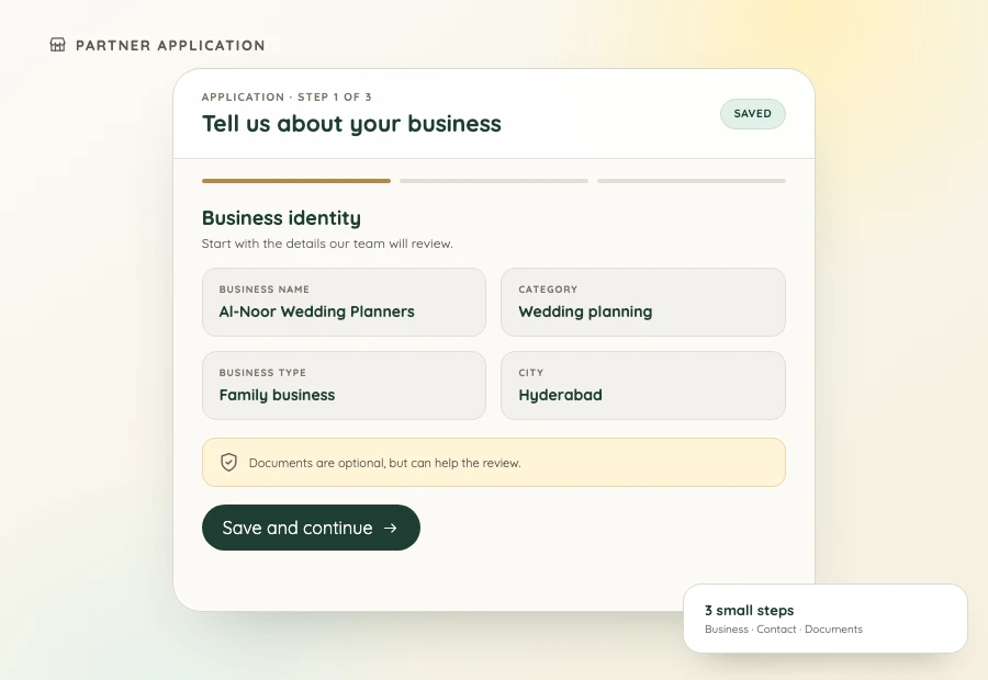 The partner application form, asking for business name, category, type and city