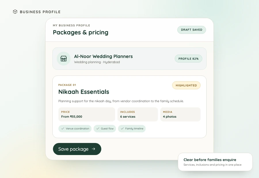 A business profile with a Nikaah Essentials package, its price, inclusions and photos